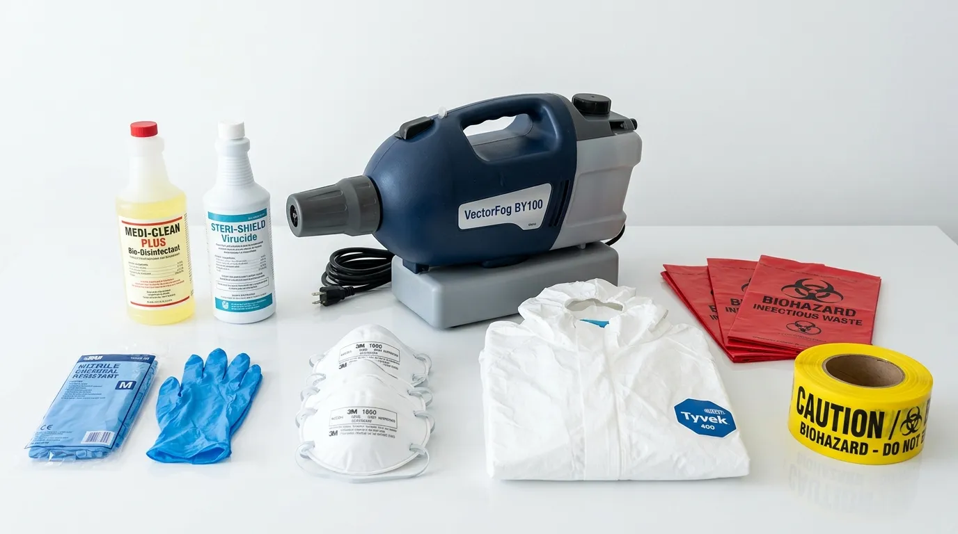 Professional biohazard remediation crew working in Montague