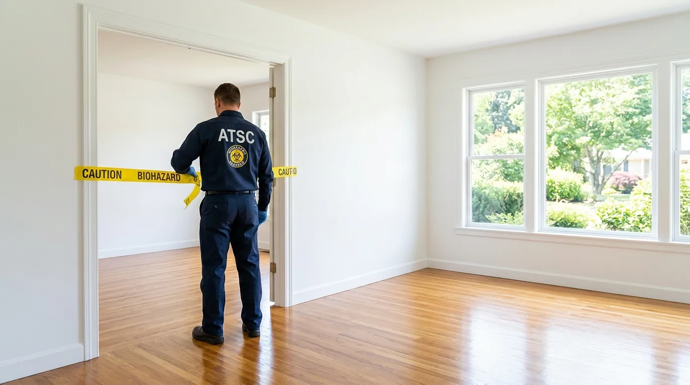 Certified biohazard cleanup crew performing Trauma Scene Cleanup in Montague